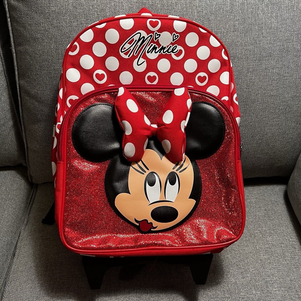 Disney Store Authentic Minnie Mouse Rolling Backpack Kids Youth- EUC Glitter